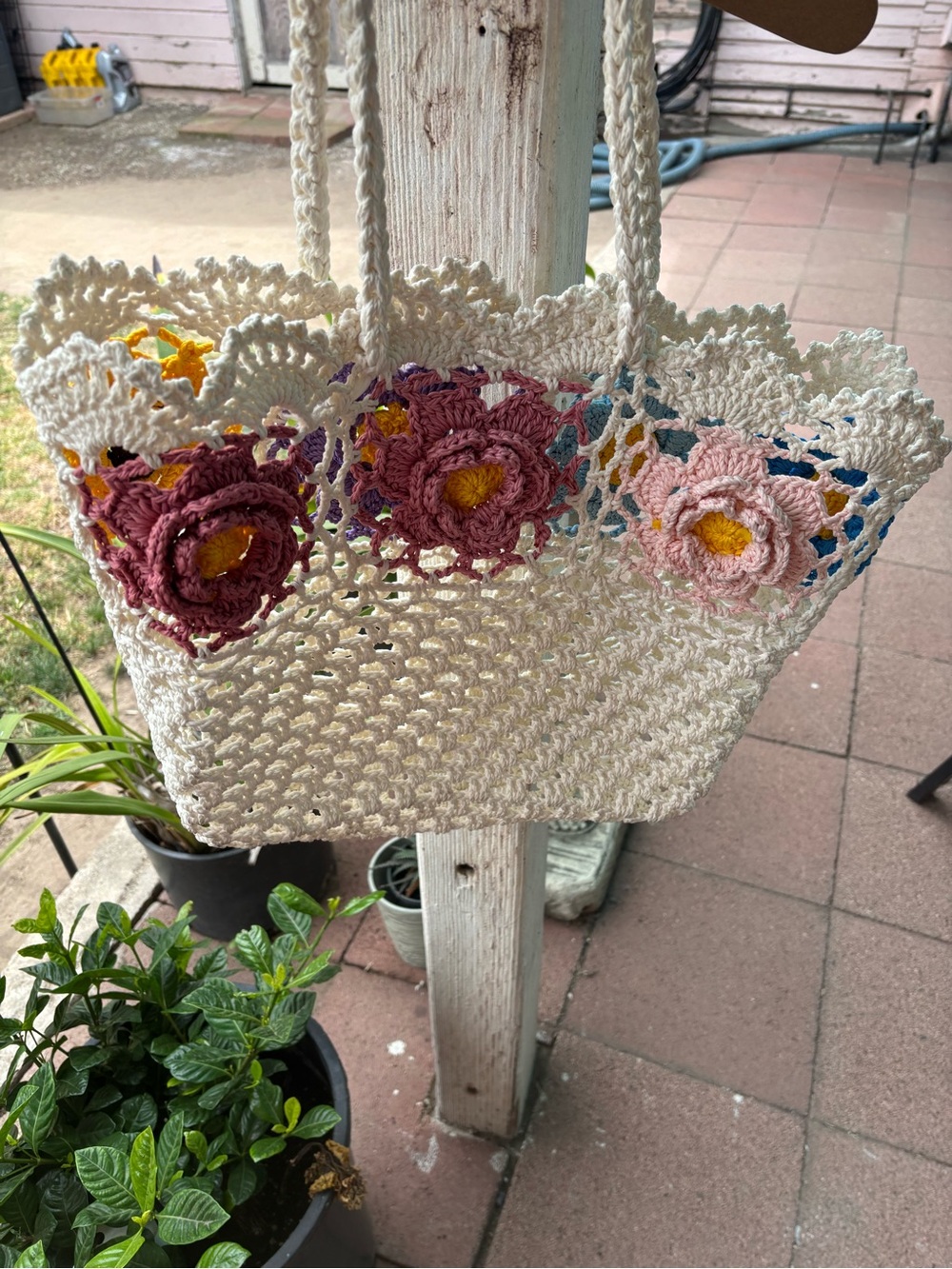 Handmade Cream Crochet Tote with Pink & Mauve , blue yellow Flower Accents